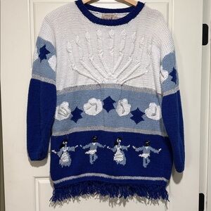 RARE VTG Lauren Hansen Hanukkah Sweater M Hand Knit Oversized Chanukah Menorah